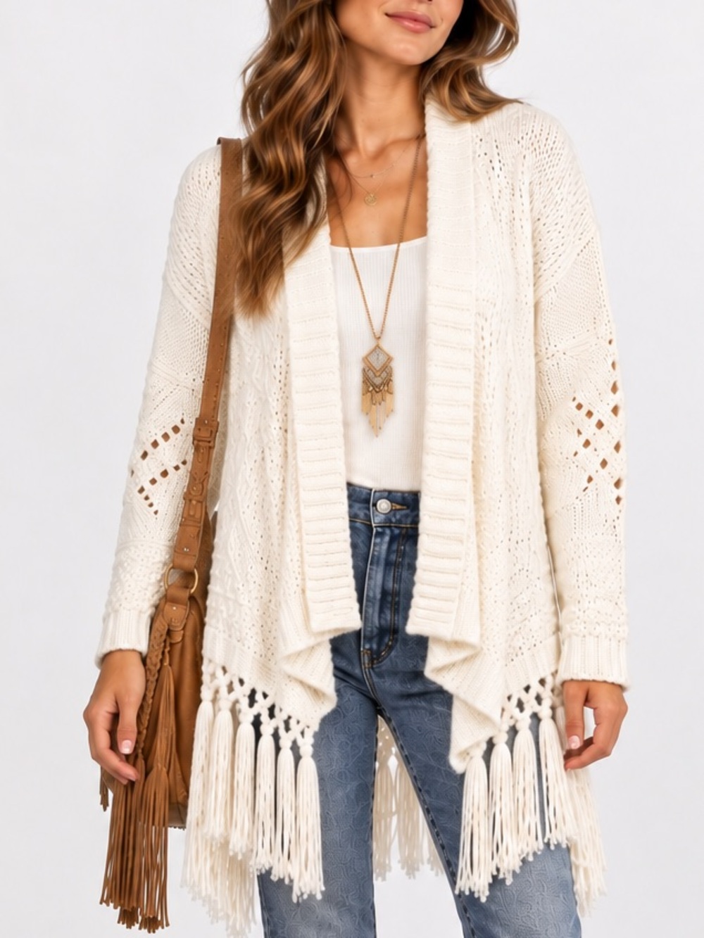 American Eagle Ivory Fringe Cable Knit Open Cardigan Sweater Boho Chic XS Small